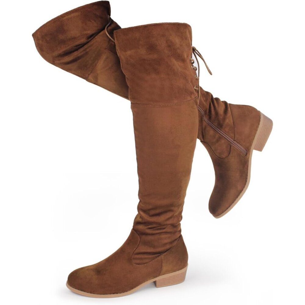 Women's Brown Faux Suede Thigh High Over The Knee Black Low Flat Heel Boots
